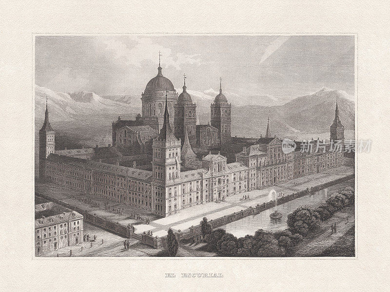 Historical view of El Escorial, Spain, steel engraving, published 1857